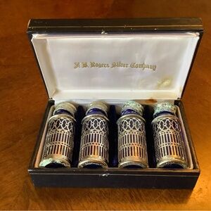 H.B. Rogers Silver Company Silver & Cobalt Blue Salt Pepper Shakers Set with Box